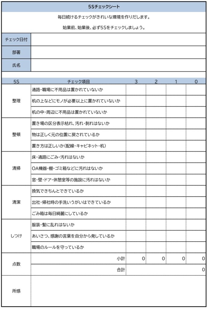 Form template 5S check sheet Manufacturing