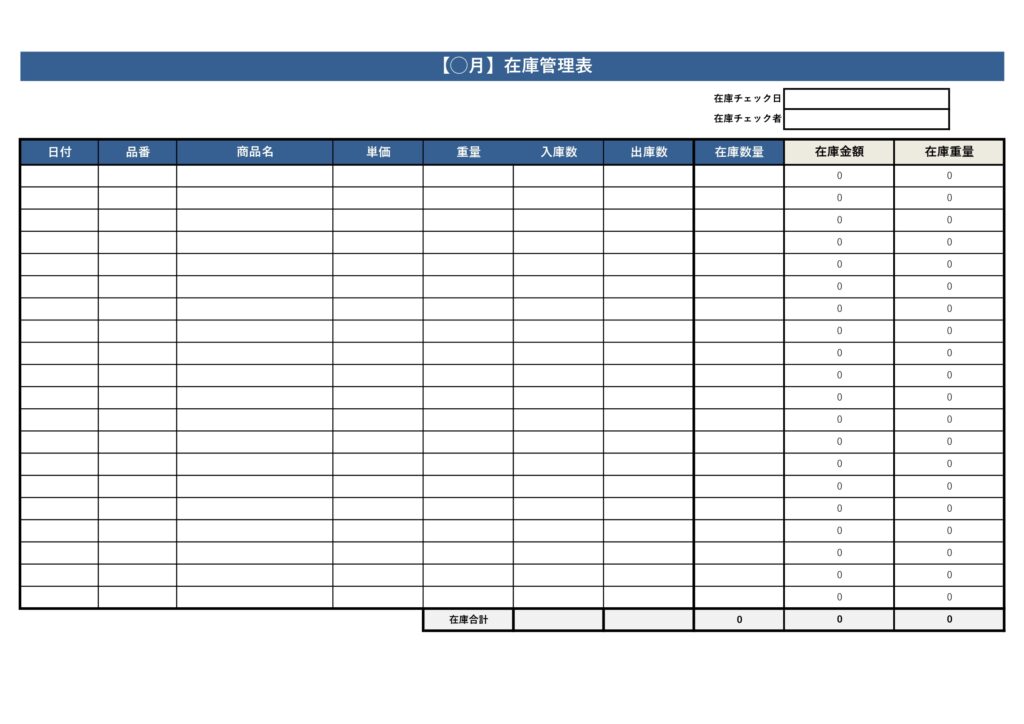 Form template Inventory control chart Manufacturing