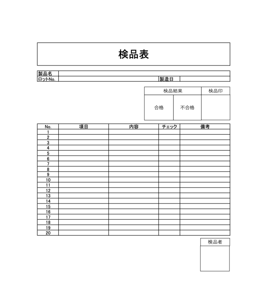 Inspection table Form template Download